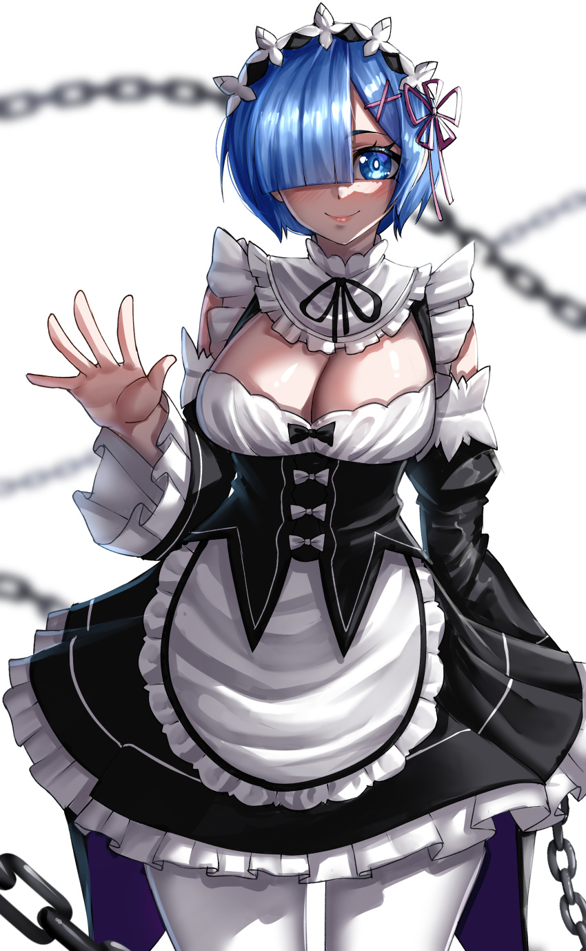 1girl absurdres apron bare_shoulders black_bow black_dress blue_eyes blue_hair bow breasts chain cleavage commentary cowboy_shot detached_sleeves dress frilled_apron frills hair_ornament hair_over_one_eye hairclip highres juliet_sleeves large_breasts long_sleeves looking_at_viewer maid pantyhose petticoat puffy_sleeves rageman709 re:zero_kara_hajimeru_isekai_seikatsu rem_(re:zero) short_hair simple_background smile solo standing waist_apron white_apron white_background white_pantyhose