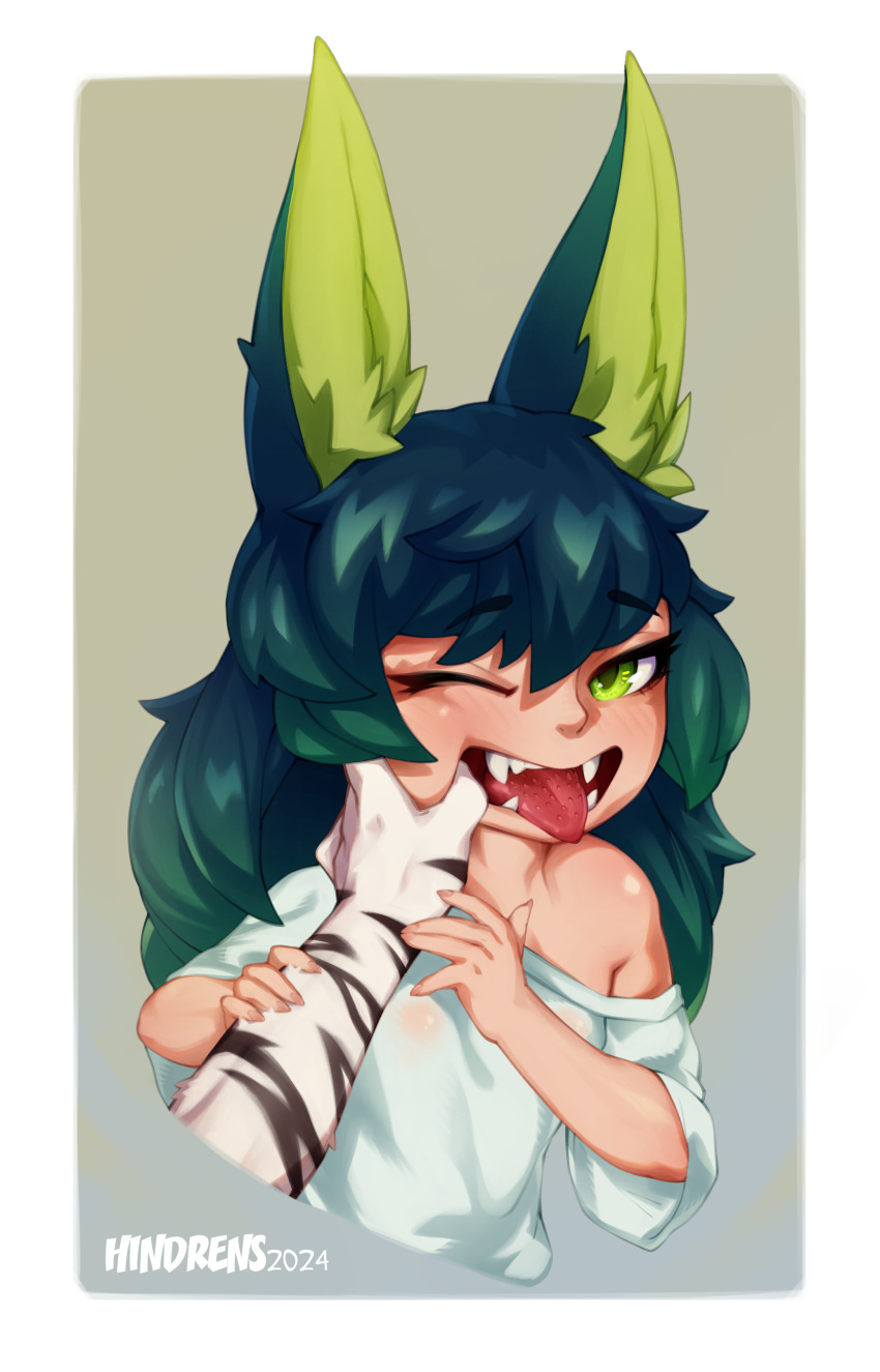 absurd_res animal_ears animal_humanoid barbed_tongue blush breasts clothing duo felid felid_humanoid feline feline_humanoid female hi_res humanoid mammal mammal_humanoid size_difference small_breasts smaller_female solo_focus teeth thumb_in_mouth tongue tongue_out