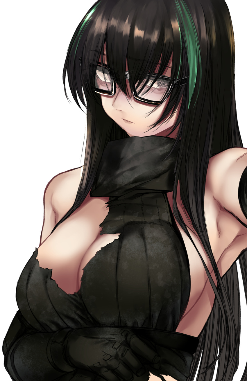 absurdres black_gloves black_hair breasts brown_eyes closed_mouth girls'_frontline glasses gloves green_shirt highres kojima_(blue_stardust) long_hair looking_at_viewer m4a1_(girls'_frontline) m4a1_(mod3)_(girls'_frontline) multicolored_hair shirt simple_background solo streaked_hair upper_body