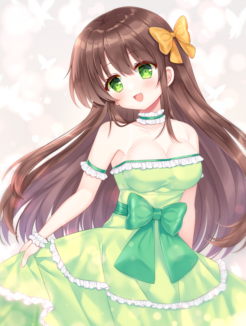 1girl :d animal bare_shoulders bow breasts brown_hair bug butterfly cleavage commission dress frilled_dress frills green_dress green_eyes grey_background hair_between_eyes hair_bow head_tilt highres long_hair looking_at_viewer medium_breasts orange_bow original shikito skeb_commission skirt_hold smile solo very_long_hair