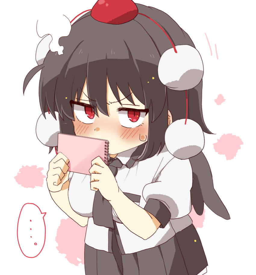 ... 1girl black_hair black_skirt black_wings blush breasts chibi collared_shirt commentary_request covered_mouth dress_shirt hair_between_eyes hat highres holding looking_at_viewer medium_breasts mini_hat mini_wings pleated_skirt puffy_short_sleeves puffy_sleeves red_eyes red_headwear shameimaru_aya shirt short_sleeves simple_background skirt solo spoken_ellipsis steam sweat totoharu_(kujirai_minato) touhou v-shaped_eyebrows white_background white_shirt wings