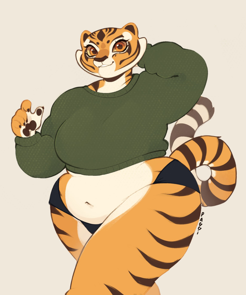 2024 anthro artist_name belly black_clothing black_underwear clothing dreamworks felid female fur green_clothing green_sweater green_topwear hi_res kung_fu_panda looking_at_viewer mammal master_tigress navel overweight overweight_anthro overweight_female paggi pantherine smile solo solo_focus striped_body striped_fur stripes sweater tail thick_thighs tiger topwear underwear wide_hips