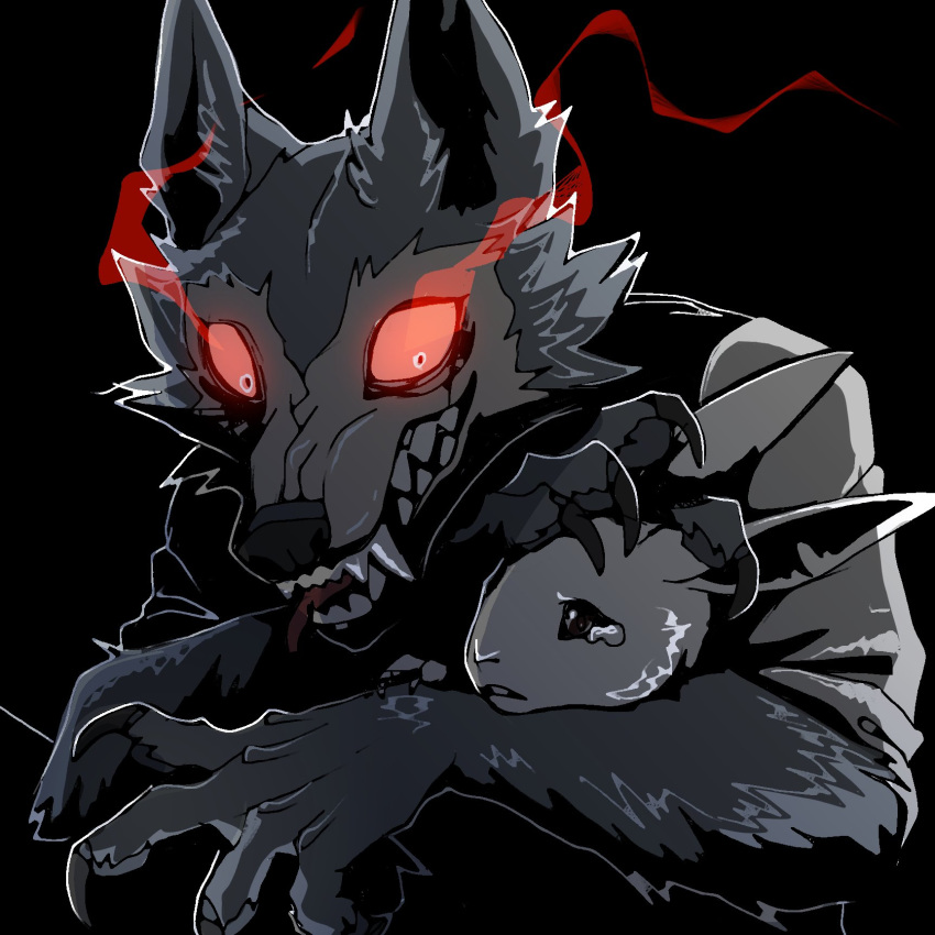2020 4_fingers anthro arm_tuft beastars black_background black_nose bodily_fluids canid canine canis cheek_tuft claws clothed clothing crying digital_media_(artwork) duo elbow_tufts facial_tuft female fingers fur glowing glowing_eyes grey_body grey_fur hand_on_head haru_(beastars) head_on_arm hi_res lagomorph legoshi_(beastars) leporid looking_at_another male mammal rabbit simple_background smile tears teeth tongue tongue_out tuft white_body white_fur wingedwolf94 wolf