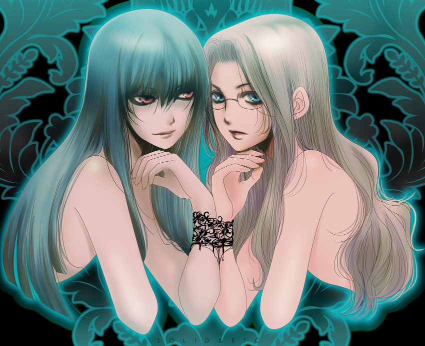 2girls absurdres alucard_(hellsing) black_eyeliner black_hair blue_eyes cropped_torso eyeliner forehead girlycard glasses hellsing highres integra_hellsing light_brown_hair long_bangs long_hair makeup multiple_girls nude parted_lips red_eyes smile toshimichi_yukari