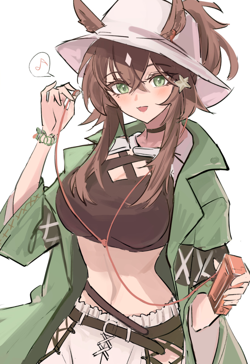 1girl :d animal_ears arknights black_shirt breasts brown_hair commentary_request crop_top earbuds earphones ears_through_headwear eighth_note green_eyes green_jacket hair_between_eyes hair_ornament hair_through_headwear highres holding holding_earphones jacket long_hair long_sleeves looking_at_viewer medium_breasts meteor_(arknights) meteor_(bard's_holiday)_(arknights) musical_note navel open_clothes open_jacket shino_duka shirt skirt smile solo spoken_musical_note star_(symbol) star_hair_ornament white_headwear white_skirt wide_sleeves