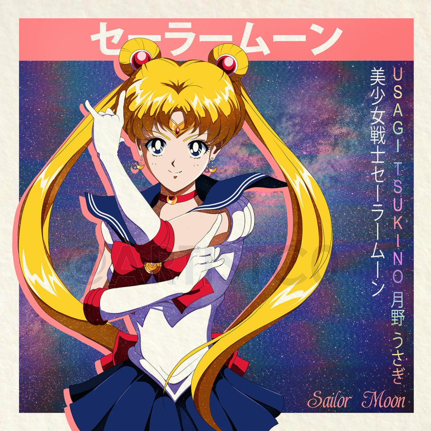 1girl artistc0 bishoujo_senshi_sailor_moon blonde_hair blue_eyes blue_sailor_collar blue_skirt bow choker circlet crescent crescent_earrings double_bun earrings elbow_gloves gloves hair_bun hair_ornament heart highres jewelry long_hair magical_girl red_bow red_choker sailor_collar sailor_moon sailor_senshi_uniform skirt smile solo tsukino_usagi twintails white_gloves