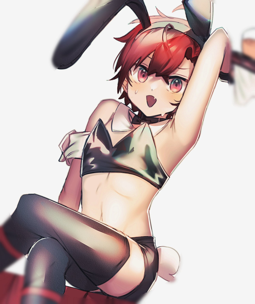 1boy amain_dudu animal_ears arm_up bare_shoulders black_choker black_hairband black_shorts black_thighhighs blurry_edges blush choker crop_top crossdressing crossed_legs detached_collar facing_viewer fake_animal_ears fang hair_between_eyes hairband highres holostars holostars_english looking_at_viewer machina_x_flayon male_focus multicolored_hair navel open_mouth otoko_no_ko rabbit_ears rabbit_tail red_eyes red_hair short_hair shorts sitting solo sweat tail thighhighs virtual_youtuber white_background