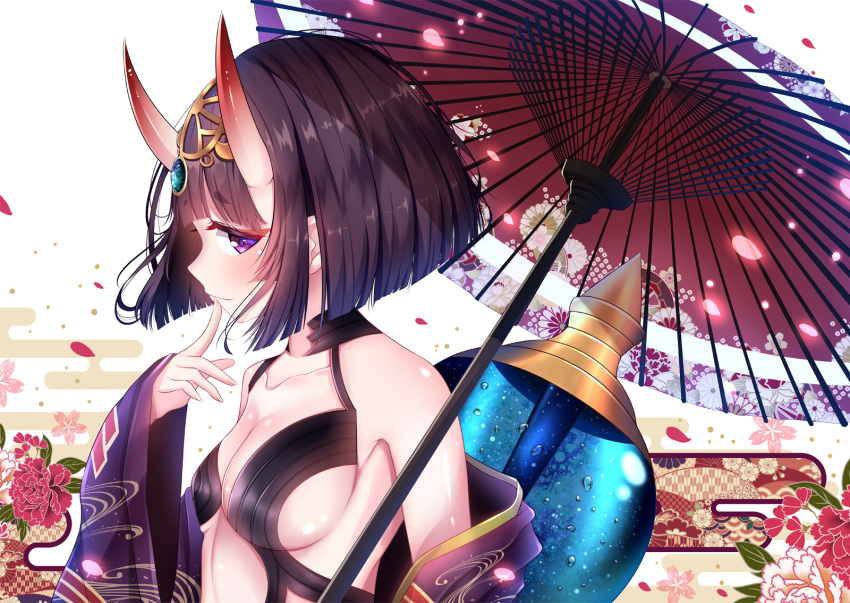 1girl bangs bare_shoulders bob_cut breasts closed_mouth collarbone egasumi eyeliner fate/grand_order fate_(series) flower gourd headpiece highres horns japanese_clothes kimono lokyin_house long_sleeves looking_at_viewer makeup off_shoulder oni oni_horns open_clothes open_kimono oriental_umbrella petals purple_eyes purple_hair purple_kimono revealing_clothes short_hair shuten_douji_(fate/grand_order) skin-covered_horns small_breasts smile umbrella white_background wide_sleeves