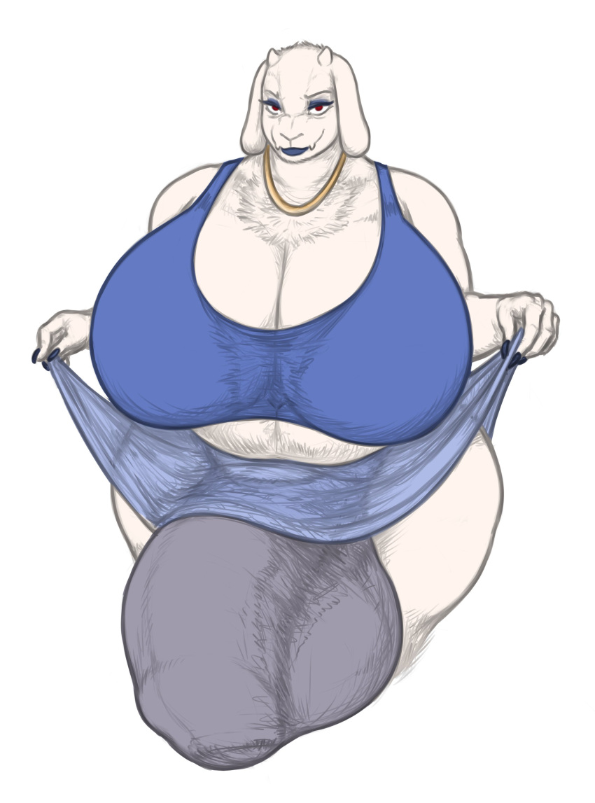 2024 2_horns absurd_res anthro balls_outline big_bulge biped bottomwear bovid breasts bulge caprine cleavage clothed clothing clothing_lift detailed_bulge flaccid fur genital_outline genitals goat gynomorph hi_res horn hornyzhopa huge_bulge hyper hyper_bulge intersex jewelry looking_at_viewer mammal necklace penis penis_outline red_eyes simple_background skimpy skirt skirt_lift solo toriel undertale_(series) white_background white_body white_fur
