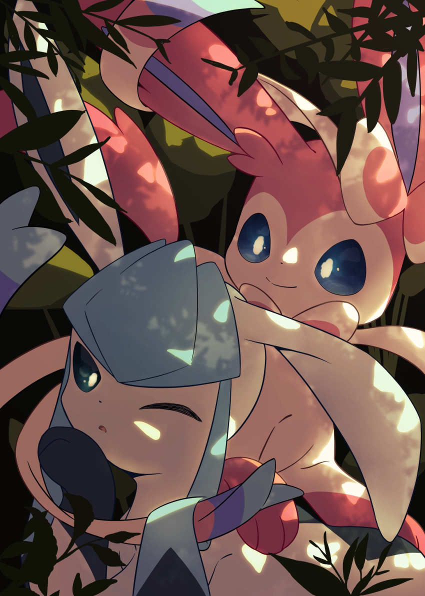 blue_eyes bright_pupils closed_mouth commentary_request glaceon green_eyes highres leaf no_humans one_eye_closed outdoors pokemon pokemon_(creature) sato_(i_cant_do_it) smile sylveon