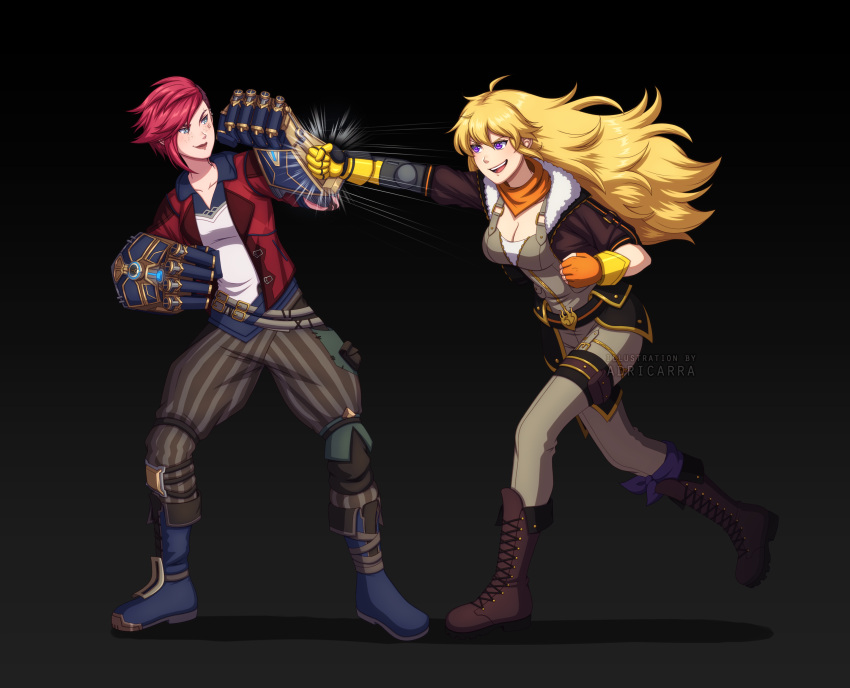 2girls absurdres adricarra antenna_hair arcane:_league_of_legends black_background blonde_hair blue_eyes boots breasts brown_footwear brown_jacket brown_jumpsuit brown_pants cleavage crossover fighting full_body gauntlets gloves highres jacket jumpsuit league_of_legends long_hair mechanical_arms multiple_girls open_clothes open_jacket orange_gloves orange_scarf pants punching purple_eyes red_hair red_jacket rwby scarf shirt simple_background single_mechanical_arm striped_clothes striped_pants vi_(league_of_legends) white_shirt yang_xiao_long