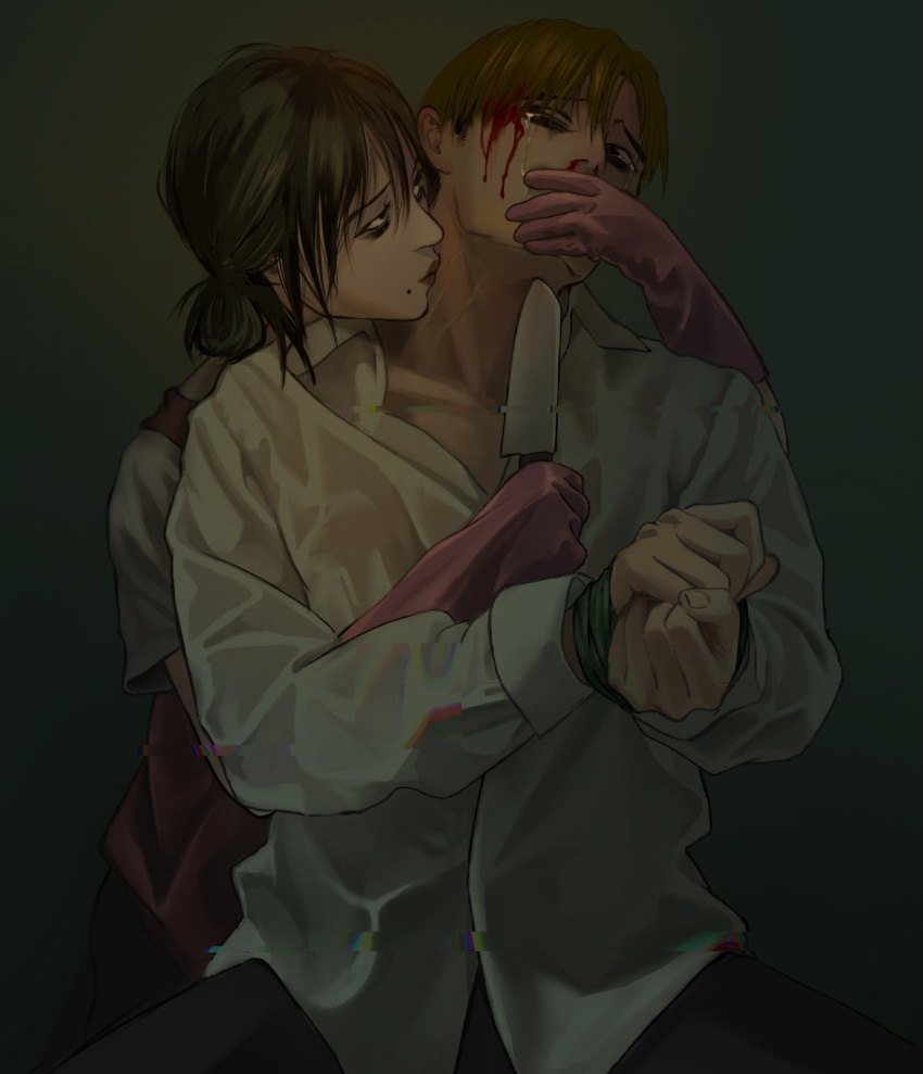 abuse apron at_knifepoint bags_under_eyes black_hair blonde_hair blood blood_on_face bound bound_wrists coooga covering_another's_mouth crying crying_with_eyes_open duct_tape eunseo_(killing_stalking) glitch gloves grey_background hetero highres incest killing_stalking kiss kissing_neck kitchen_knife long_sleeves looking_at_another mole_beside_mouth mother_and_son nosebleed oh_sangwoo pink_gloves red_apron red_lips rubber_gloves shirt tears undercut wet wet_clothes wet_shirt white_shirt