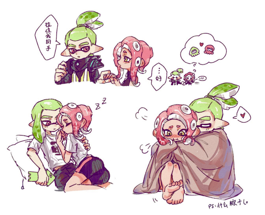 1boy 1girl :i agent_3_(splatoon) agent_8_(splatoon) bike_shorts black_shorts blush cellphone chinese_commentary chinese_text closed_eyes feet green_hair headgear heart high-visibility_vest holding holding_hands holding_phone inkling inkling_boy inkling_player_character medium_hair motion_lines nose_blush octoling octoling_girl octoling_player_character phone pink_eyes pink_hair pointy_ears shared_blanket shirt short_hair shorts simple_background smartphone smartphone_case speech_bubble splatoon_(series) splatoon_2 splatoon_2:_octo_expansion spoken_heart suction_cups t-shirt thenintlichen96 thought_bubble translation_request white_background white_shirt yellow_eyes zzz