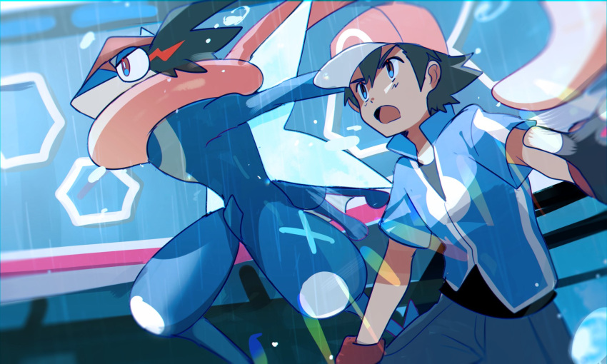 1boy ash-greninja ash_ketchum black_gloves black_shirt blue_eyes blue_jacket commentary_request fingerless_gloves gloves greninja hat highres jacket male_focus open_mouth outdoors pants pink_headwear pokemon pokemon_(anime) pokemon_(creature) pokemon_xy_(anime) rain shirt short_sleeves stadium suikaels