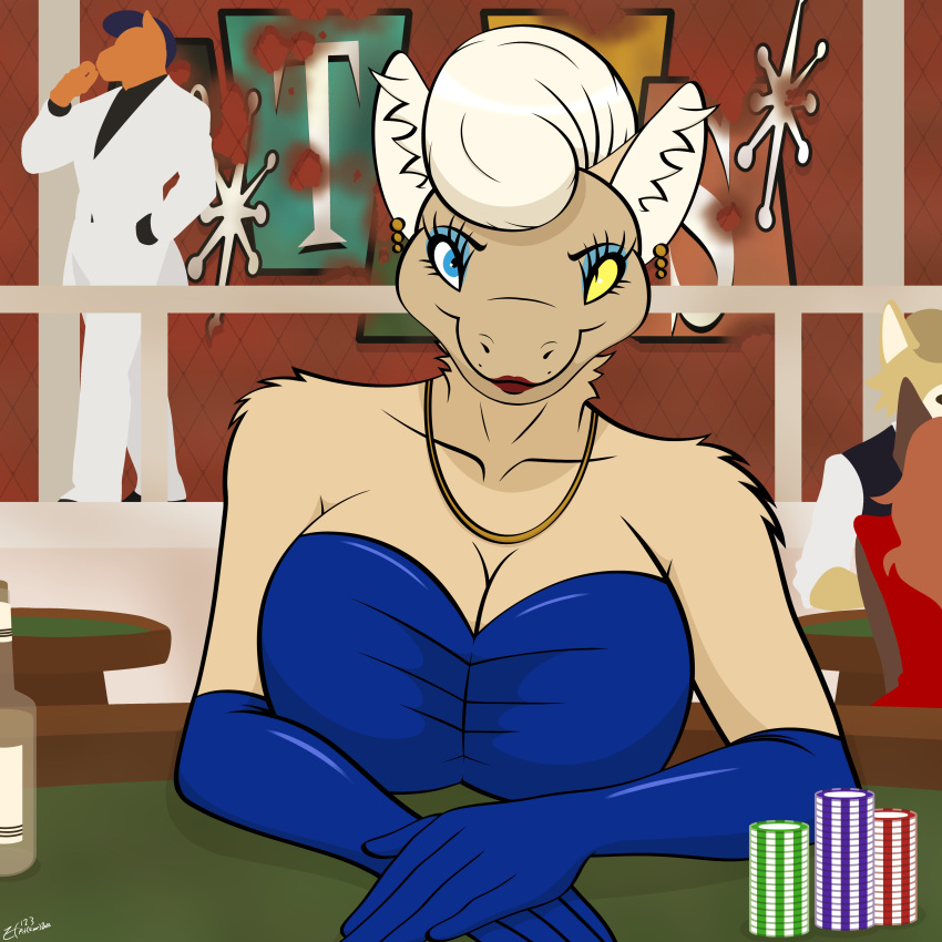 absurd_res anthro aster_(zehfox) bethesda_softworks breasts casino cleavage clothed clothing dress ear_piercing ear_ring equid equine evening_gloves fallout female heterochromia hi_res jewelry lipstick looking_at_viewer makeup mammal necklace night_stalker_(fallout) piercing poker_chip poker_table pompadour ring_piercing strapless_clothing strapless_dress zehfox