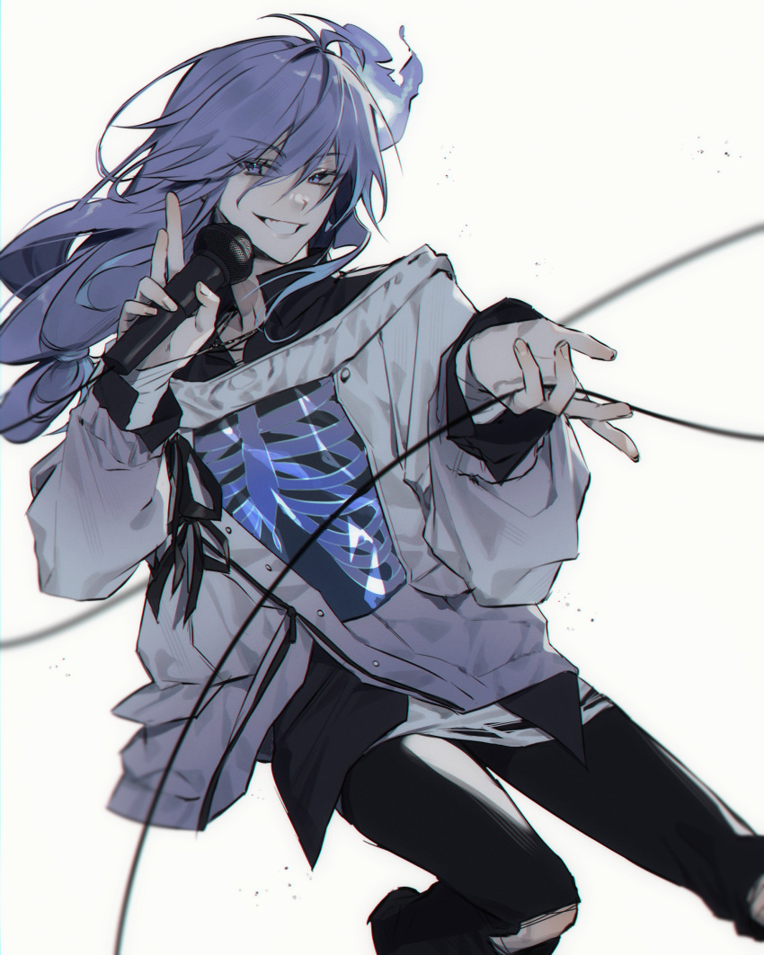 1boy absurdres androgynous antenna_hair black_shirt collared_shirt eyelashes gradient_jacket grin hair_between_eyes highres hitodama holding holding_microphone holostars jacket jewelry long_hair long_sleeves looking_at_viewer male_focus microphone minase_rio minase_rio_(1st_costume) mometsu_033 necklace pale_skin pants purple_eyes purple_hair shirt skeleton_print smile solo torn_clothes torn_pants virtual_youtuber white_background wire