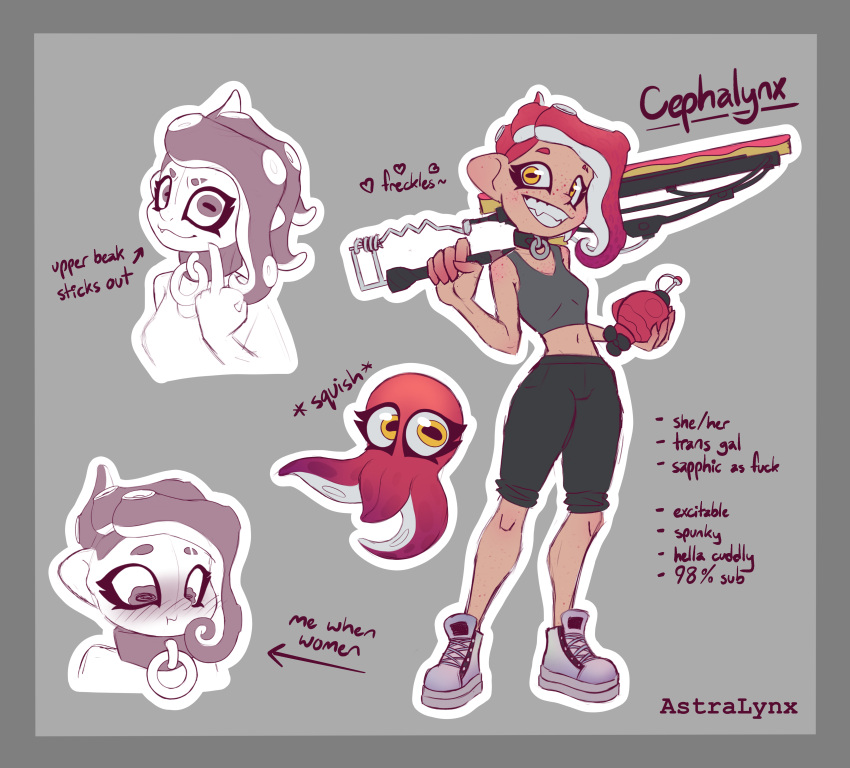 absurd_res astralynx blush cephalopod coleoid collar freckles hair hi_res ink lesbian_thoughts marine melee_weapon mollusk nintendo octarian octoling octoling_girl octopodiform octopus pink_hair splatana_wiper splatoon sword trans_(lore) trans_woman_(lore) weapon yellow_eyes