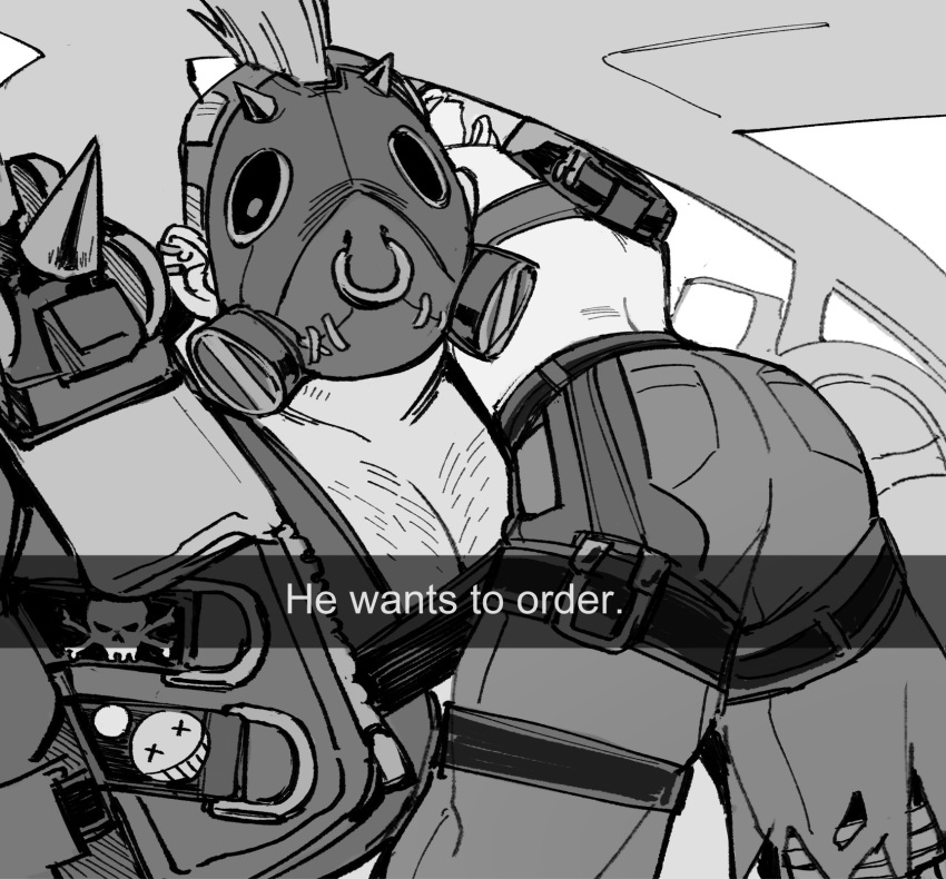 2boys ass bara english_text gas_mask he_wants_to_order_(meme) highres junkrat_(overwatch) large_pectorals looking_at_viewer lying_on_person male_focus mask meme multiple_boys muscular muscular_male overwatch pectorals quietgom roadhog_(overwatch) sparse_chest_hair steering_wheel upper_body vehicle_interior yaoi