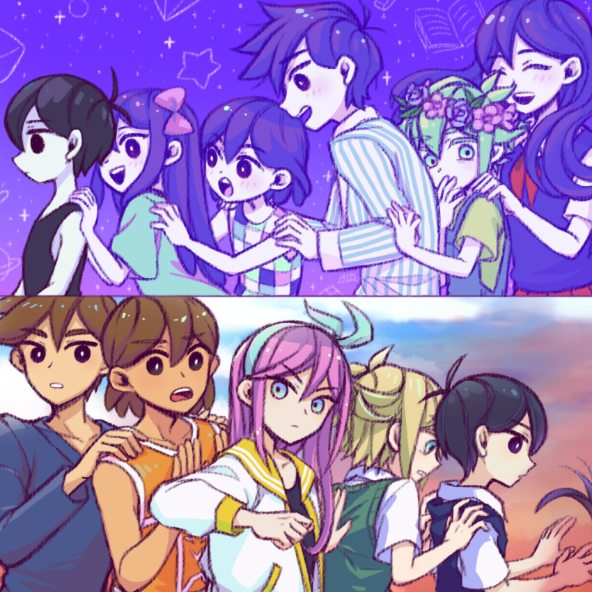 4girls 6+boys antenna_hair aqua_eyes aqua_hairband aqua_shirt arms_at_sides aubrey_(faraway)_(omori) aubrey_(headspace)_(omori) aubrey_(omori) bare_shoulders basil_(faraway)_(omori) basil_(headspace)_(omori) basil_(omori) black_eyes black_hair black_shirt black_sweater_vest black_tank_top blonde_hair blue_overalls blue_pajamas blue_shirt blush bow bright_pupils brother_and_sister brothers brown_hair checkered_clothes checkered_shirt closed_eyes closed_mouth cloud collarbone collared_shirt colored_eyelashes colored_skin covering_own_mouth dual_persona expressionless green_eyes green_hair green_shirt green_sweater_vest hair_behind_ear hair_between_eyes hair_bow hairband hand_on_another's_arm hand_on_another's_back hand_on_another's_shoulder hand_on_own_face hands_on_another's_shoulders head_wreath hero_(faraway)_(omori) hero_(headspace)_(omori) hero_(omori) highres jacket kel_(faraway)_(omori) kel_(headspace)_(omori) kel_(omori) laser-lance long_hair long_sleeves looking_at_another looking_at_viewer mari_(faraway)_(omori) mari_(headspace)_(omori) mari_(omori) multiple_boys multiple_girls neckerchief no_pupils omori omori_(omori) open_clothes open_jacket open_mouth orange_tank_top outdoors overalls pajamas parted_lips pink_bow purple_eyes purple_hair purple_sky purple_sweater_vest red_neckerchief red_skirt sailor_collar shirt short_hair short_sleeves siblings skirt sky sleeveless spoilers star_(sky) striped_clothes striped_shirt sunny_(omori) sunset sweater_vest tan tank_top teeth upper_teeth_only v-neck v-shaped_eyebrows vertical-striped_clothes vertical-striped_pajamas vertical-striped_shirt white_pajamas white_pupils white_shirt white_skin white_trim yellow_sailor_collar