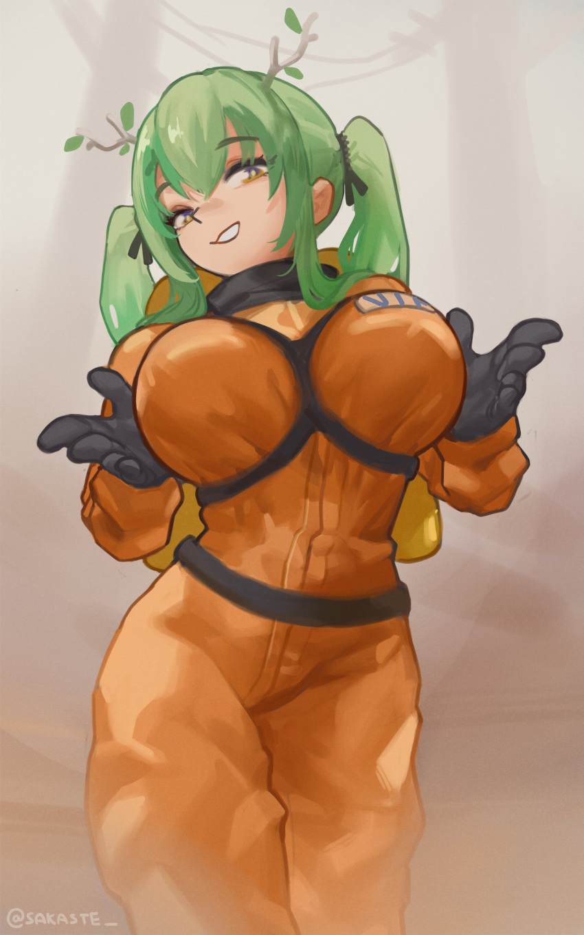 1girl absurdres black_gloves branch breasts cable ceres_fauna cosplay cowboy_shot fog gloves green_hair highres hololive hololive_english large_breasts leaf lethal_company looking_at_viewer name_tag orange_suit sakaste smile twintails twitter_username virtual_youtuber worker_(lethal_company) worker_(lethal_company)_(cosplay) yellow_bag yellow_eyes