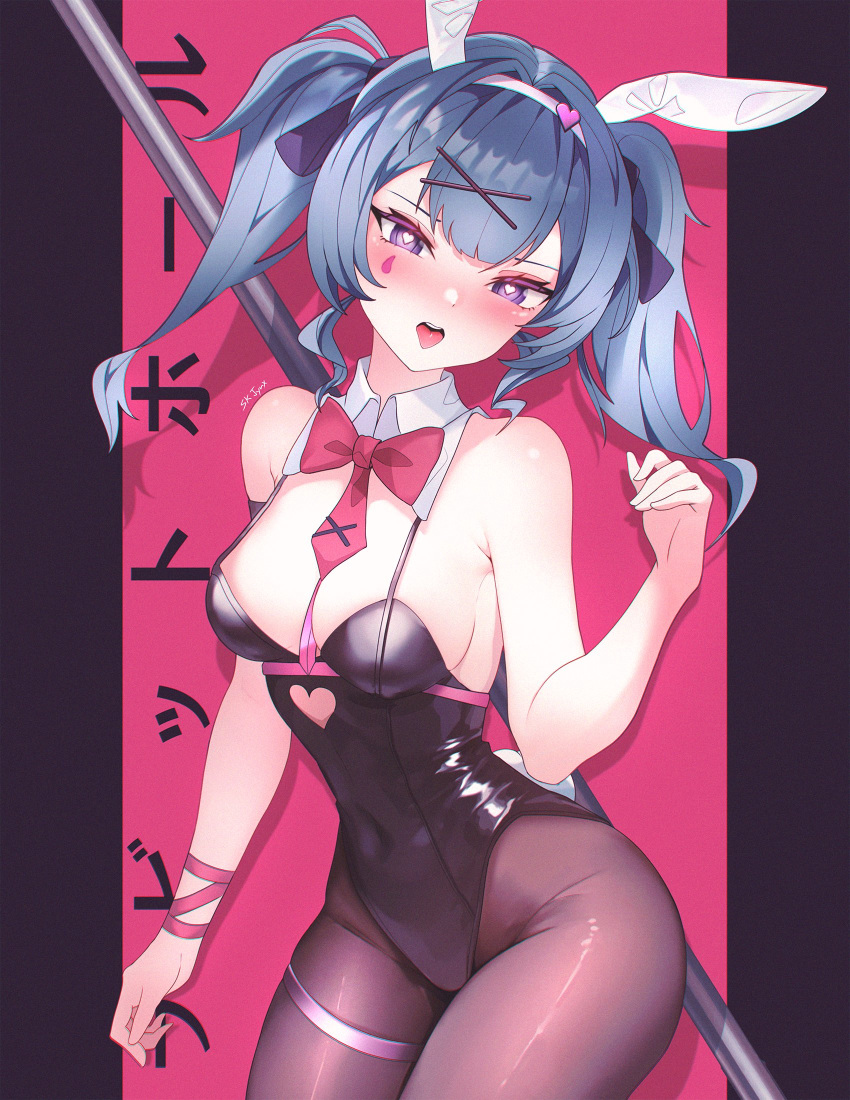 1girl animal_ears arm_at_side artist_name bare_shoulders black_leotard black_pantyhose black_ribbon blue_hair blush bow bowtie breasts clothing_cutout commentary covered_navel cutout_above_navel detached_collar fake_animal_ears fake_tail hair_ornament hair_ribbon hand_up hatsune_miku heart heart-shaped_pupils heart_cutout highleg highleg_leotard highres large_breasts leotard long_hair looking_at_viewer open_mouth pantyhose pink_ribbon playboy_bunny pole purple_eyes rabbit_ears rabbit_hole_(vocaloid) rabbit_tail red_bow red_bowtie ribbon sk_jynx solo symbol-only_commentary symbol-shaped_pupils tail teardrop_facial_mark thigh_strap tongue tongue_out translation_request twintails vocaloid x_hair_ornament