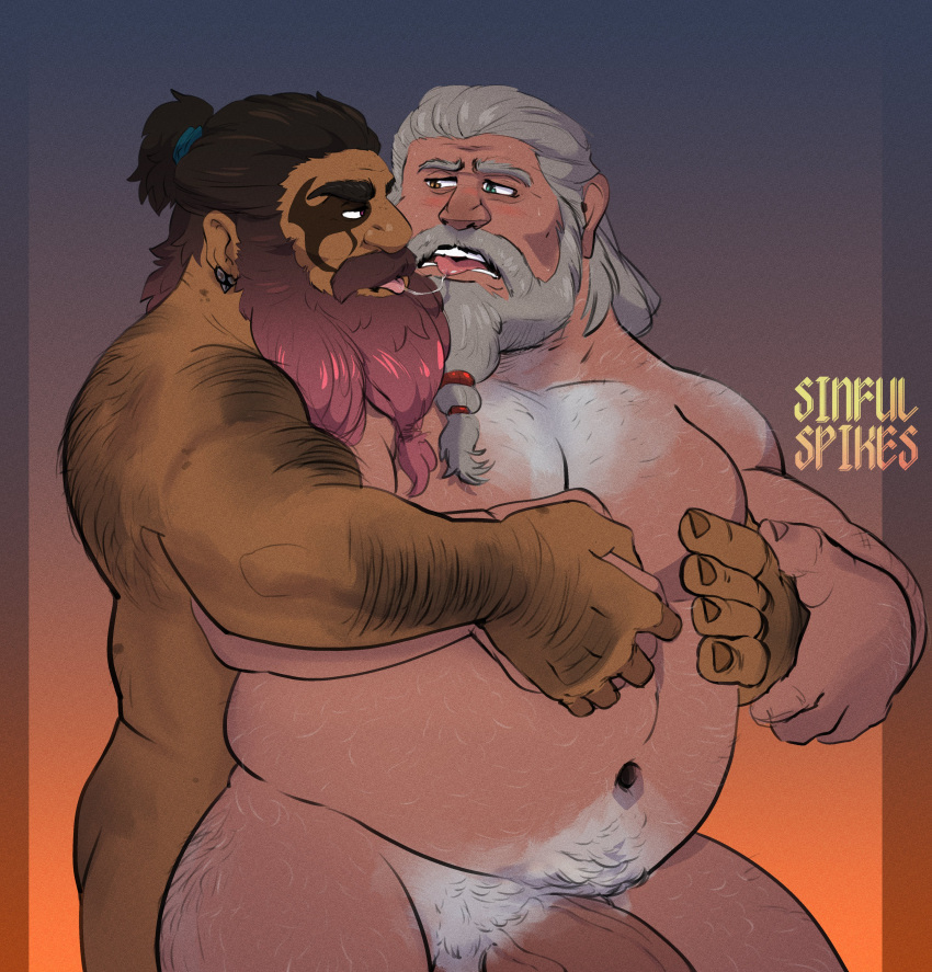 2boys absurdres after_kiss ass_hair back_hair bara beard belly chest_hair completely_nude couple dark-skinned_male dark_skin dwarf eye_contact face-to-face facial_hair facial_mark fat foreplay from_side full_beard girthy_penis gradient_beard hairy highres holding_hands long_beard looking_at_another male_focus mature_male multiple_boys navel navel_hair nipples nude original penis profile saliva saliva_trail sinnergybrute sparse_arm_hair sparse_leg_hair stomach thick_arm_hair thick_ass_hair thick_beard thick_eyebrows thick_thighs thighs tied_beard tongue tongue_out very_hairy yaoi