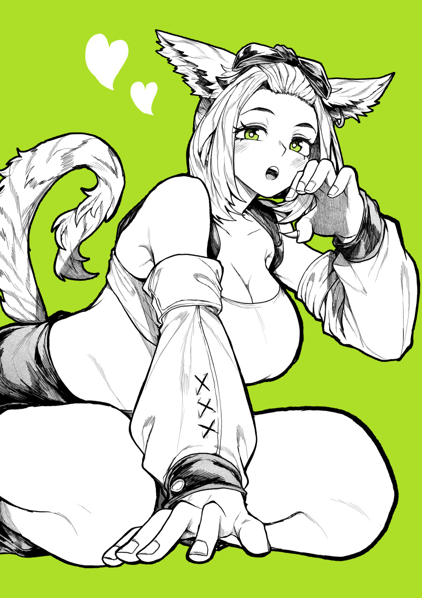 1girl absurdres animal_ears bandeau bare_legs blush bow breasts commission crop_top detached_sleeves green_background green_eyes greyscale hair_bow hand_up heart highres kneeling large_breasts medium_hair monochrome open_mouth original skeb_commission sleeveless solo tail teeth upper_teeth_only yotsumi_shiro