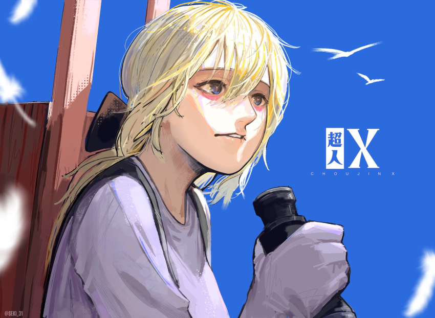 1girl bags_under_eyes binoculars bird black_ribbon blonde_hair blue_eyes blue_sky carrying choujin_x gloves hair_ribbon highres holding holding_binoculars looking_to_the_side piggyback ribbon seki_31 shirt shishinegura_palma signature sky symbol-shaped_pupils twitter_username white_gloves white_shirt