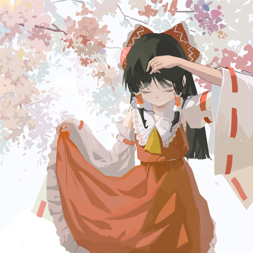 1girl black_hair bow detached_sleeves flower hair_bow hakurei_reimu highres jacket long_skirt looking_down nontraditional_miko red_bow red_jacket red_skirt reisende1969 skirt sleeveless sleeveless_jacket solo touhou white_background white_sleeves