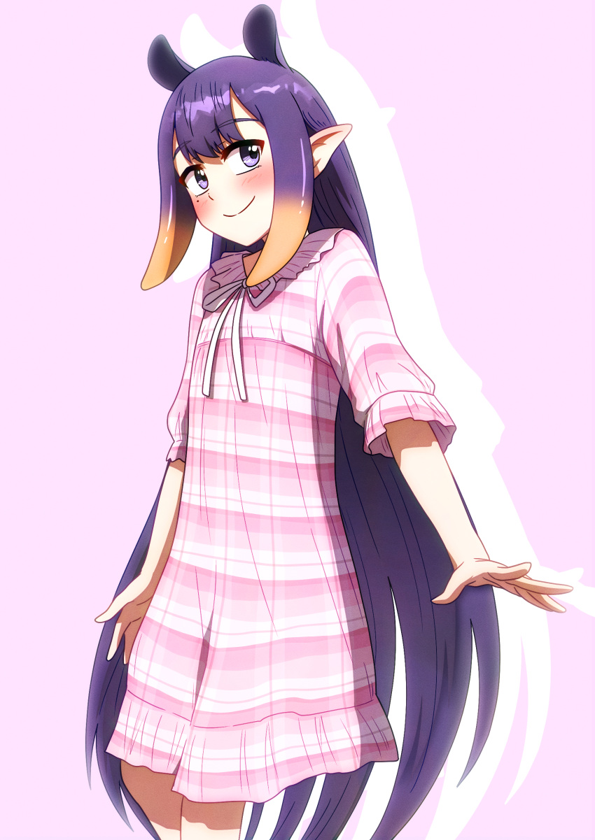 1girl absurdres blush ddolbang dress flat_chest highres hololive hololive_english long_hair looking_to_the_side mole mole_under_eye multicolored_hair ninomae_ina'nis pink_dress pointy_ears purple_eyes purple_hair short_sleeves sidelocks simple_background smile solo tentacle_hair two-tone_hair very_long_hair virtual_youtuber