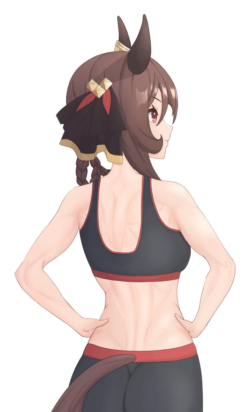 1girl absurdres alternate_costume animal_ears ass back bare_shoulders black_leggings black_sports_bra braided_hair_rings breasts brown_hair cai_ji_(user_jmrv4342) closed_mouth commentary_request ear_covers ear_ornament from_behind gentildonna_(umamusume) hands_on_own_hips highres horse_ears horse_girl horse_tail lats leggings medium_breasts medium_hair midriff muscular red_eyes simple_background smile solo sports_bra tail tail_through_clothes umamusume white_background