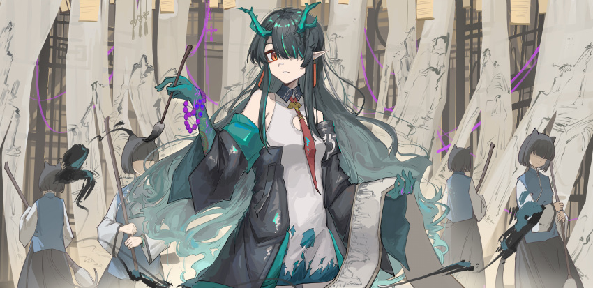 1girl absurdres animal_ears aqua_hair aqua_horns arknights bare_shoulders beads black_hair black_jacket black_skirt blue_vest calligraphy_brush chinese_clothes chinese_commentary clothing_cutout collared_dress colored_skin commentary_request dragon_girl dragon_horns dress dusk_(arknights) earrings faceless faceless_female hair_over_one_eye hand_up highres holding holding_calligraphy_brush holding_paintbrush horns ink jacket jewelry light_smile long_hair long_sleeves looking_at_viewer multicolored_hair necktie one_eye_covered orange_eyes paintbrush parted_lips people pointy_ears red_necktie scroll short_dress short_hair skirt standing streaked_hair very_long_hair vest wavy_hair white_dress wide_sleeves yi1ling0