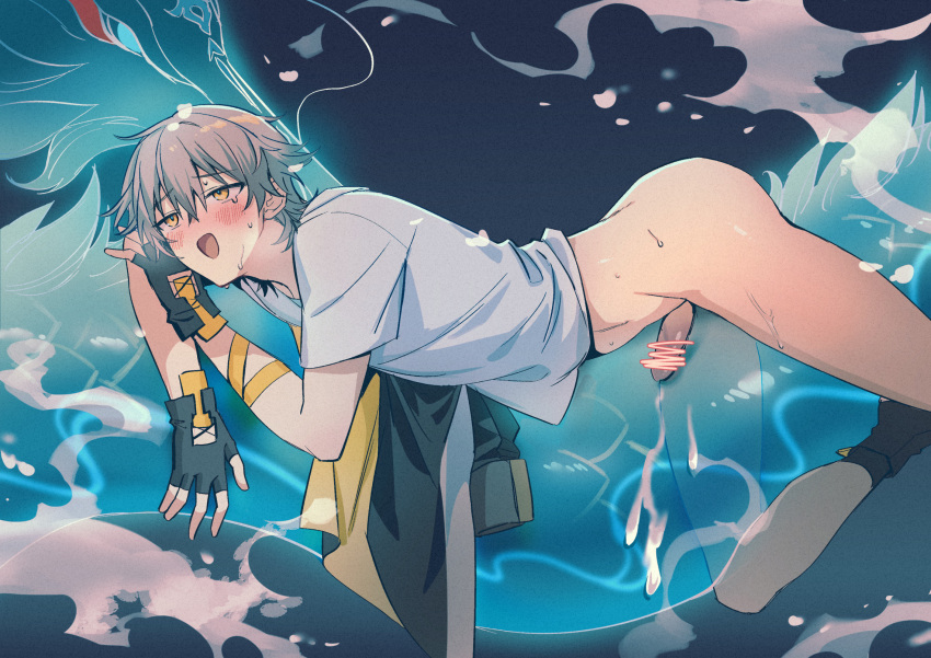 1boy ass black_gloves blush caelus_(honkai:_star_rail) cum fingerless_gloves gloves grey_hair highres honkai:_star_rail honkai_(series) male_focus open_mouth penis shirt short_hair solo taosheng trailblazer_(honkai:_star_rail) white_shirt yellow_eyes