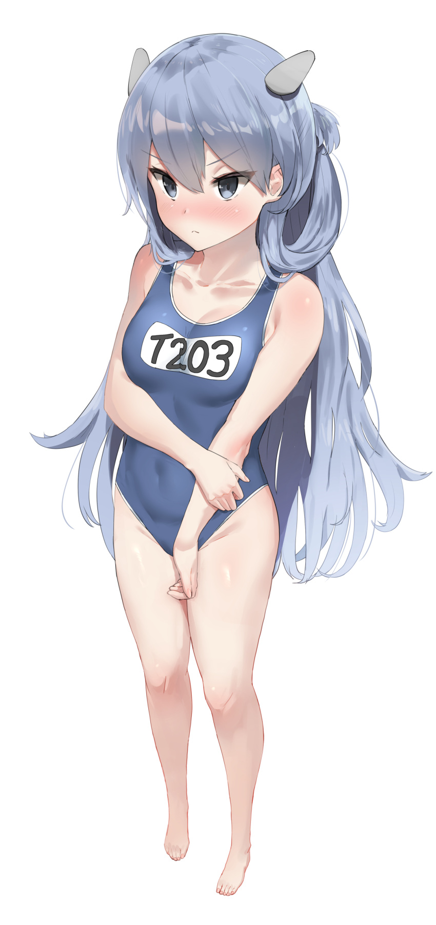 1girl absurdres alternate_costume barefoot blue_hair blue_one-piece_swimsuit covered_navel fake_horns full_body grey_eyes hair_rings highres horned_headwear horns i-203_(kancolle) kantai_collection name_tag one-piece_swimsuit osananajimi_neko school_swimsuit simple_background solo swimsuit two_side_up white_background
