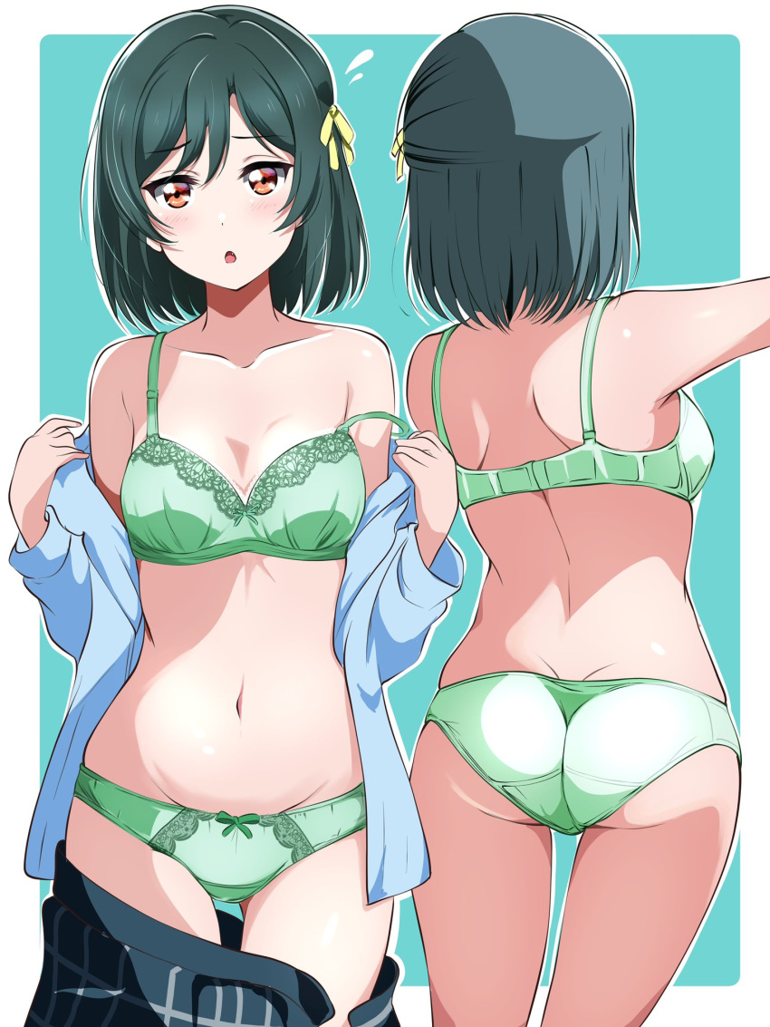 1girl ass blue_shirt blue_skirt blush borgbutler bow bow_panties bra breasts cleavage commentary_request embarrassed fang flying_sweatdrops from_behind green_bra green_hair green_panties hair_bow highres lace-trimmed_bra lace_trim looking_at_viewer love_live! love_live!_nijigasaki_high_school_idol_club medium_breasts medium_hair mifune_shioriko multiple_views navel nijigasaki_academy_school_uniform open_mouth panties red_eyes school_uniform shirt skirt underwear undressing yellow_bow