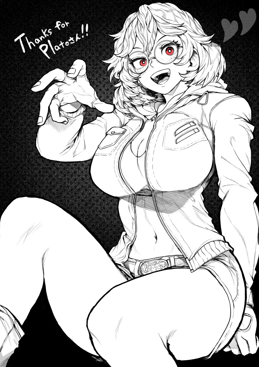 absurdres bare_legs black_background breasts commission fingerless_gloves freckles glasses gloves greyscale hand_up highres jacket large_breasts long_sleeves medium_hair midriff monochrome navel open_clothes open_jacket open_mouth original patterned_background red_eyes round_eyewear shirt short_shorts shorts sitting skeb_commission spot_color thighs tongue yotsumi_shiro