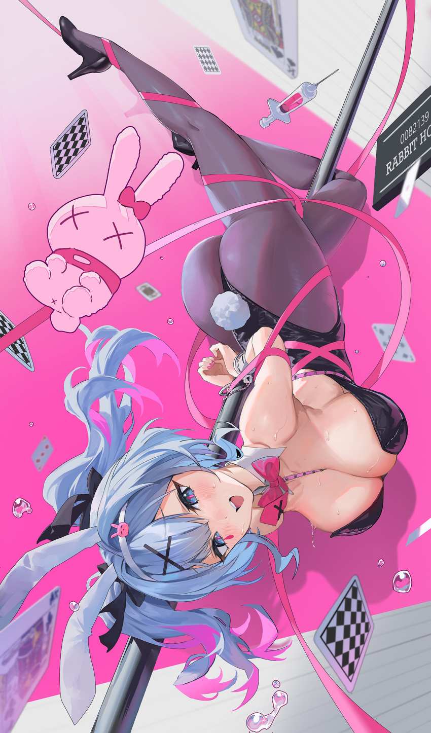 1girl absurdres animal_ears ass black_leotard blue_eyes blue_hair blush bow bowtie breasts card cleavage detached_collar fake_animal_ears fake_tail hatsune_miku high_heels highleg highleg_leotard highres large_breasts leotard long_hair looking_at_viewer mhk_(mechamania) open_mouth pantyhose pink_ribbon playboy_bunny playing_card pole rabbit_ears rabbit_hole_(vocaloid) rabbit_tail ribbon smile solo stripper_pole stuffed_toy syringe tail twintails upside-down vocaloid