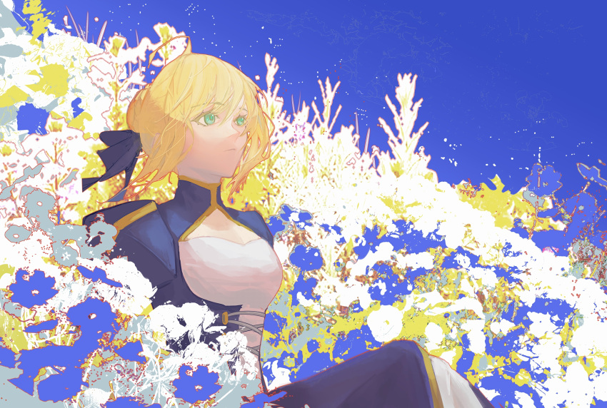 1girl absurdres ahoge artoria_pendragon_(fate) blonde_hair blue_dress blue_flower blue_ribbon braid braided_bun breasts cleavage_cutout closed_mouth clothing_cutout dress fate/grand_order fate/stay_night fate/zero fate_(series) flower green_eyes hair_bun hair_ribbon highres juliet_sleeves long_sleeves looking_afar puffy_sleeves ribbon short_hair sidelocks single_hair_bun small_breasts solo white_dress white_flower yellow_flower zhang_niang