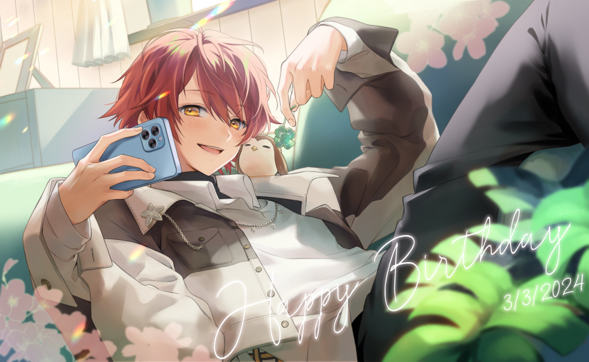1boy animal_on_shoulder bird bird_on_shoulder bishounen blush cherry_blossoms clover commentary_request dated english_text four-leaf_clover hair_between_eyes hanasaki_miyabi hanasaki_miyabi_(7th_costume) happy happy_birthday highres holding holding_phone holostars indoors jewelry knees_up light_rays looking_at_viewer luma8b male_focus necklace open_mouth owl phone picture_frame plant potted_plant red_hair short_hair smile solo teeth upper_teeth_only virtual_youtuber window yellow_eyes