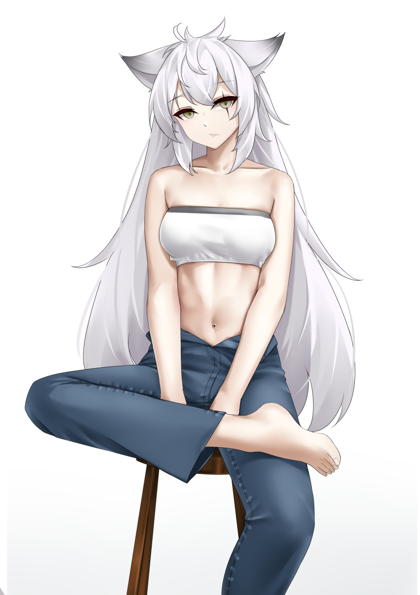 1girl absurdres animal_ears arknights bandeau bare_arms bare_shoulders barefoot breasts casperrin collarbone commentary denim empty_eyes foot_out_of_frame gradient_background grey_background grey_eyes highres jeans lappland_(arknights) long_hair looking_at_viewer midriff navel pants scar scar_across_eye sitting small_breasts solo stomach stool strapless tube_top very_long_hair white_background white_hair wolf_ears