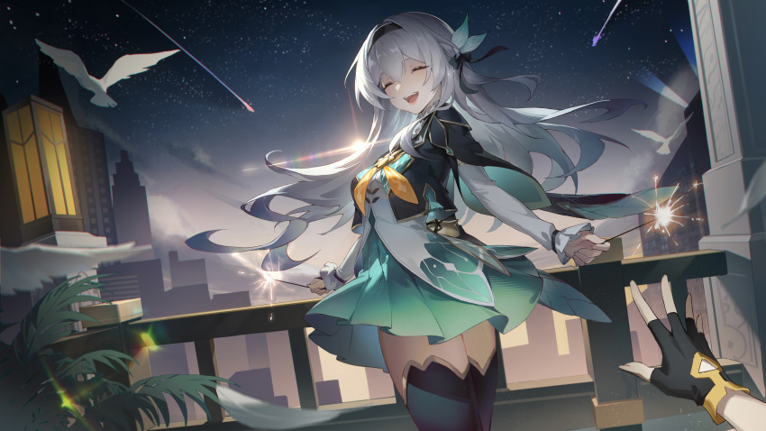 1boy 1girl absurdres aqua_skirt bird black_hairband black_jacket black_thighhighs caelus_(honkai:_star_rail) chinese_commentary cityscape closed_eyes commentary_request cropped_jacket dove facing_viewer firefly_(honkai:_star_rail) gold_trim hairband highres holding_fireworks honkai:_star_rail honkai_(series) jacket long_hair madao open_mouth pleated_skirt pov pov_hands shirt skirt sky smile solo_focus star_(sky) starry_sky thighhighs trailblazer_(honkai:_star_rail) twilight two_side_up white_hair white_shirt