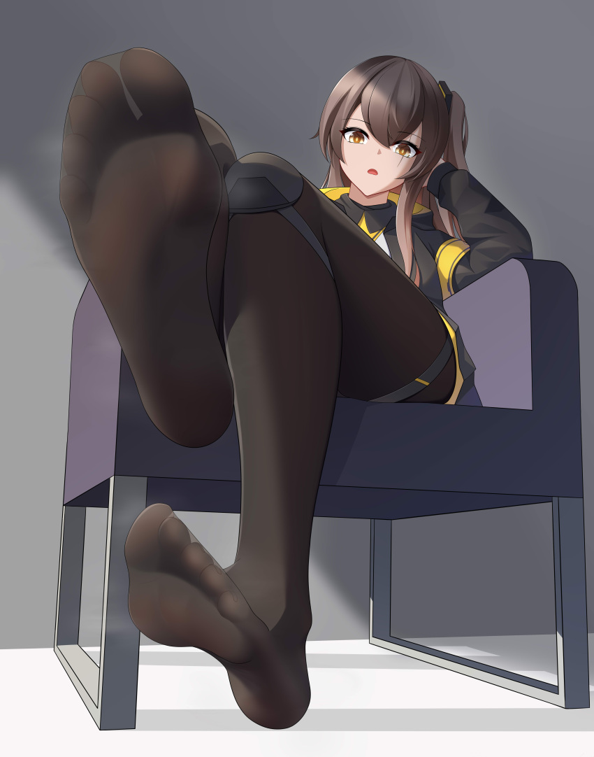 1girl absurdres arendelle black_jacket black_pantyhose black_skirt brown_eyes brown_hair crossed_bangs double-parted_bangs eyelashes feet foot_focus foreshortening full_body girls'_frontline grey_background hair_ornament hand_up highres indoors jacket knee_pads knees_together_feet_apart long_hair long_sleeves looking_at_viewer no_shoes on_chair one_side_up open_mouth pantyhose pleated_skirt see-through see-through_legwear shadow sidelocks sitting skirt smell soles solo steaming_body thigh_strap thighs toes ump45_(girls'_frontline)