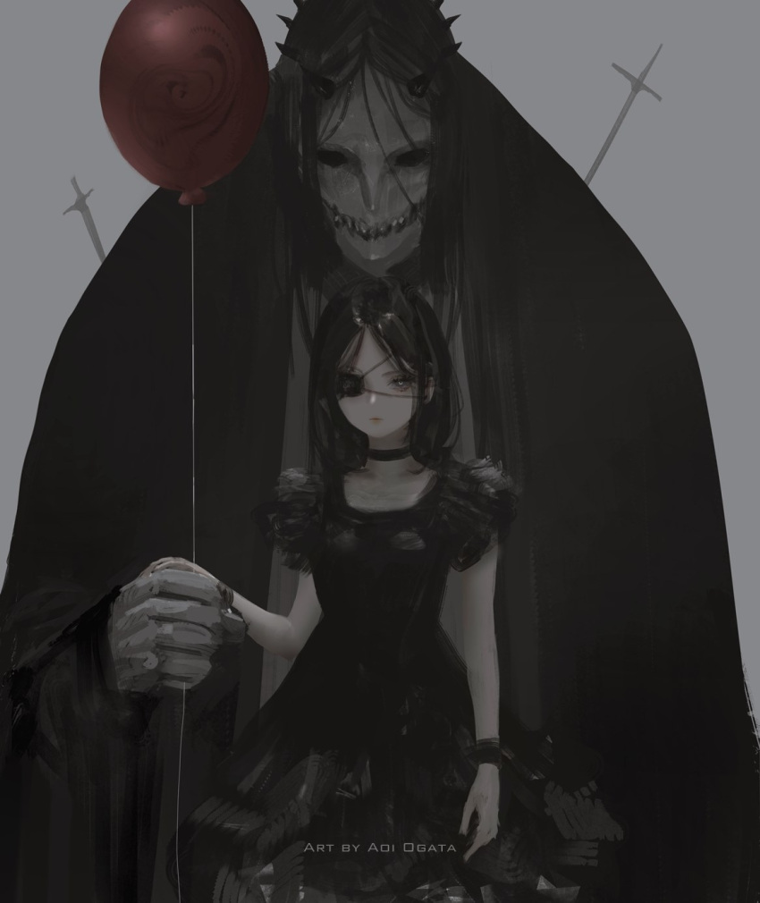 1girl 1other aoi_ogata artist_name balloon black_choker black_dress black_hair choker clip_studio_paint_(medium) collarbone commentary dress english_commentary eyepatch grey_background grey_eyes highres holding holding_balloon horns long_sleeves looking_at_viewer original parted_bangs simple_background