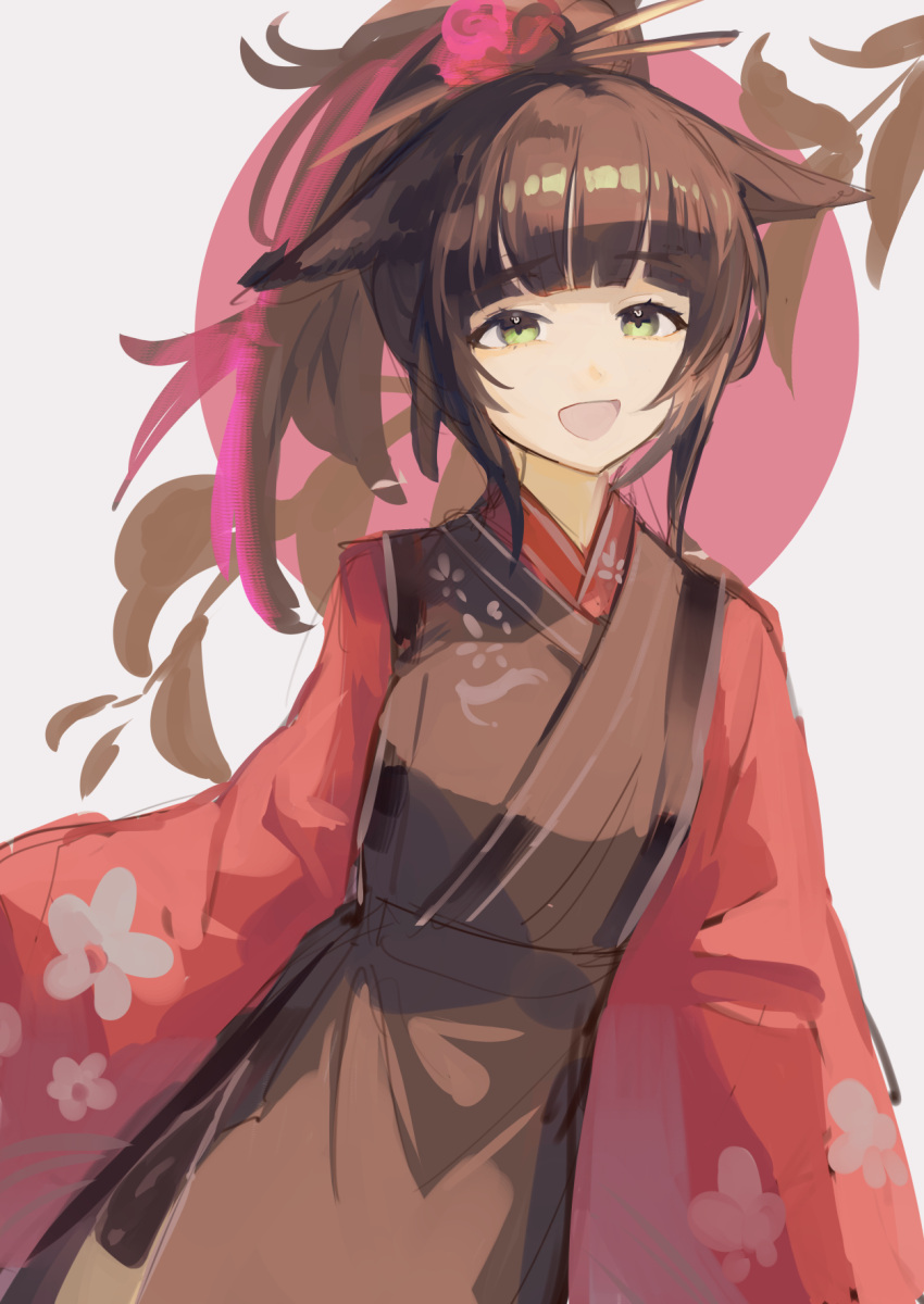 1girl :d animal_ears arknights black_kimono brown_hair commentary_request green_eyes grey_background hair_ornament hemorina highres japanese_clothes jessica_(arknights) kimono long_hair looking_at_viewer one-hour_drawing_challenge open_clothes pink_background ponytail smile solo two-tone_background