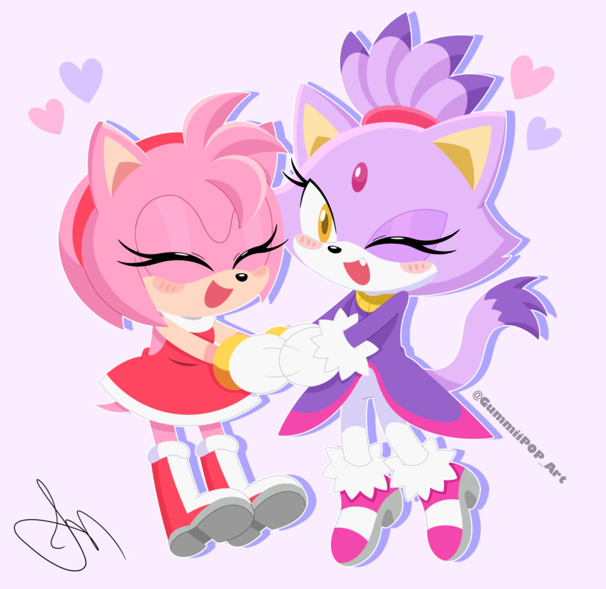 2girls absurdres amy_rose animal_ears blaze_the_cat blush cat_ears cat_girl cat_tail closed_eyes dress fang forehead_jewel fur-trimmed_footwear fur-trimmed_gloves fur_trim furry furry_female gloves gummiipop_art hairband heart hedgehog_girl highres holding_hands multiple_girls one_eye_closed open_mouth pink_footwear pink_fur purple_fur red_dress red_footwear red_hairband simple_background smile sonic_(series) tail white_gloves