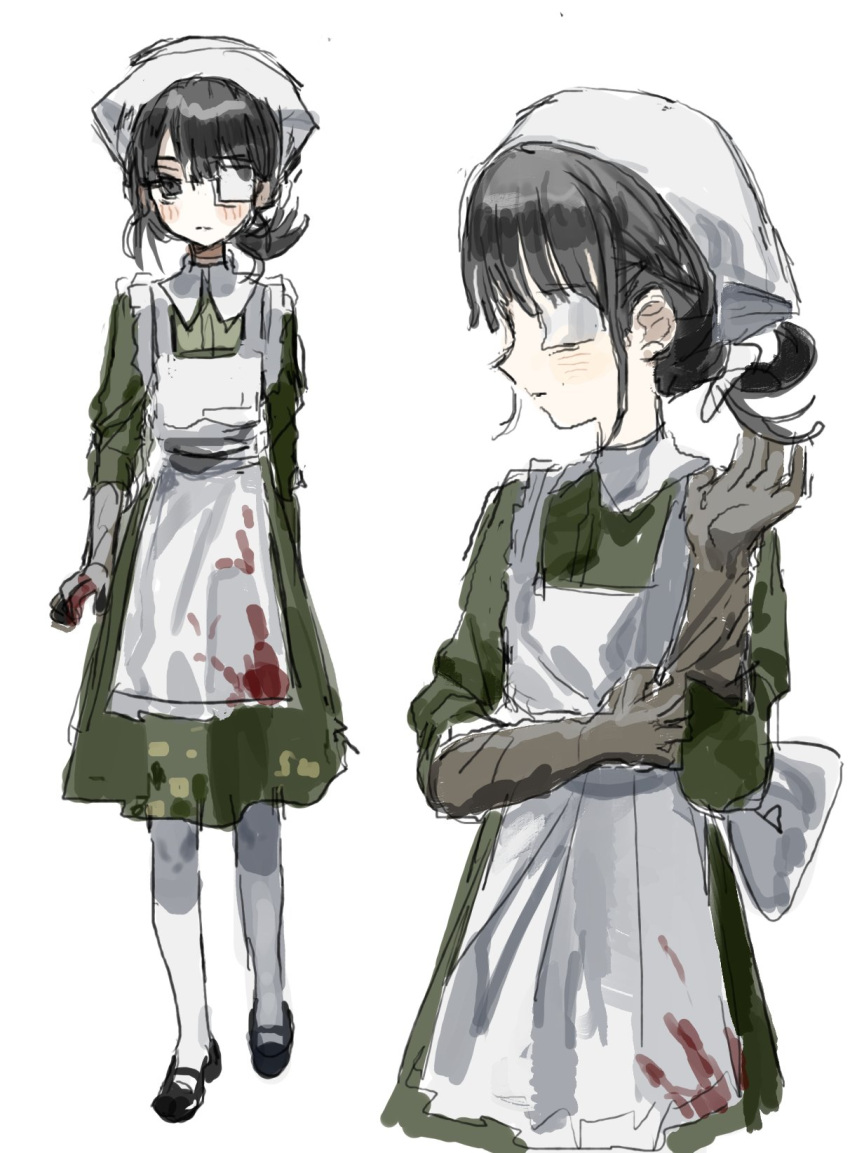 1984_(artist) 1girl adjusting_clothes adjusting_gloves apron black_footwear blood blood_on_clothes blush closed_mouth dress expressionless eyepatch gloves green_dress grey_eyes grey_gloves head_scarf highres long_sleeves looking_at_viewer multiple_views nurse original simple_background socks solo_focus upper_body white_apron white_background white_headwear white_socks