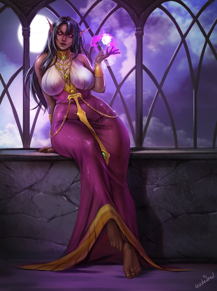 2024 absurd_res arm_support barefoot big_breasts black_hair breasts clothed clothing collarbone cozshedead elf eyebrows eyelashes feet female glistening hair hi_res humanoid humanoid_pointy_ears long_hair looking_at_viewer magic not_furry pink_eyes sitting solo thick_thighs wide_hips