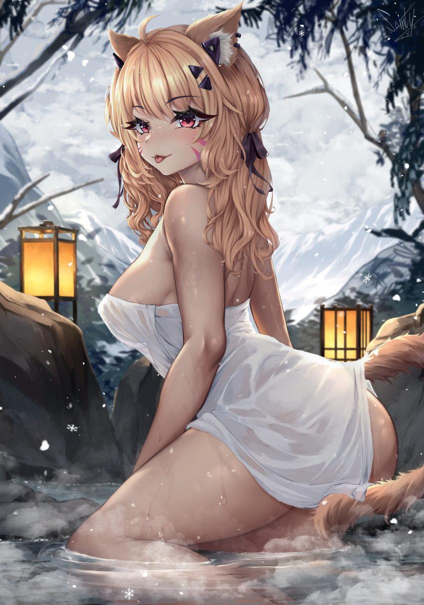 1girl :p absurdres animal_ear_fluff animal_ears ass blonde_hair breasts cat_ears cat_girl cat_tail earrings facial_mark hair_ornament hair_ribbon highres indie_virtual_youtuber jewelry kneeling long_hair looking_at_viewer medium_breasts mountainous_horizon naked_towel onsen outdoors red_eyes ribbon sainty shyrei_faolan snowing solo tail tongue tongue_out towel virtual_youtuber water whisker_markings