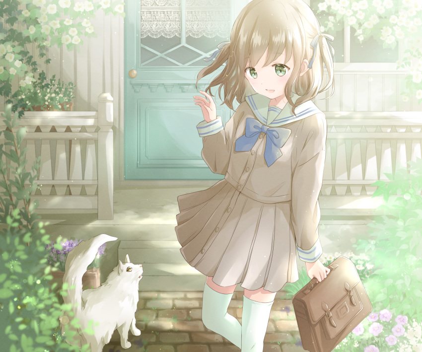 1girl arm_up bag blue_neckwear bow bowtie brown_serafuku brown_skirt cat commentary_request cropped_legs door fence flower green_eyes hair_ribbon highres holding holding_bag hoshiibara_mato house light_brown_hair long_sleeves open_mouth original pleated_skirt ribbon sailor_collar school_bag school_uniform sett sidelighting skirt sleeve_cuffs standing standing_on_one_leg thighhighs two_side_up uniform white_legwear white_sailor_collar zettai_ryouiki