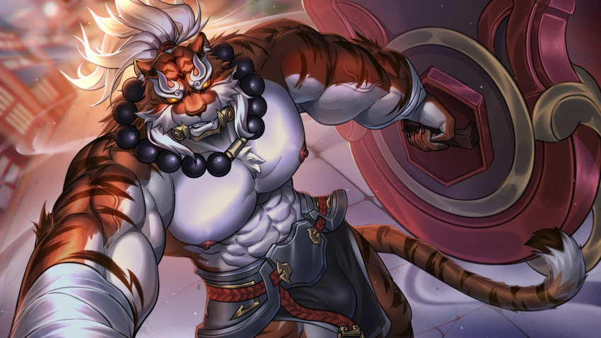 2023 5_fingers abs anthro arena_of_valor bandage bandaged_arm bulge claws clothed clothing felid fingers hair hi_res holding_object holding_shield jewelry littef looking_at_viewer male mammal muscular muscular_male necklace nipples orange_eyes pantherine pecs shield solo tiger topless vein white_hair